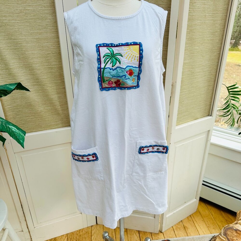 Vintage Beach Cover Up Dress White Tropical Palm Tree Sequin Applique Pockets L